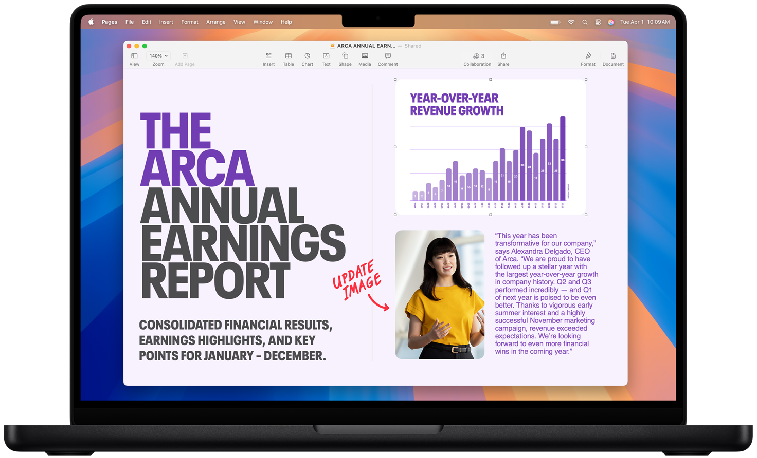 MacBook s profesionálním dokumentem v Pages