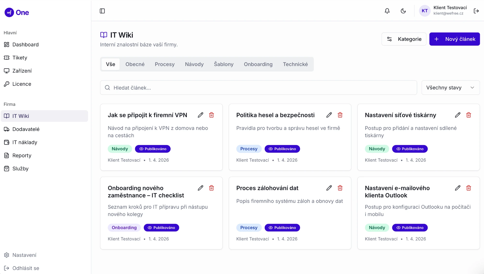 Interní IT wiki v portálu wefree ONE s návody, procesy a onboardingem